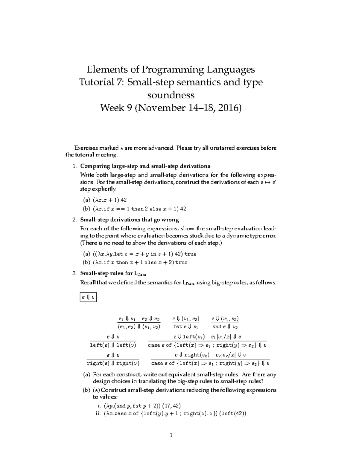 Tutorial 7 - Elements of Programming Languages Tutorial 7: Small-step ...