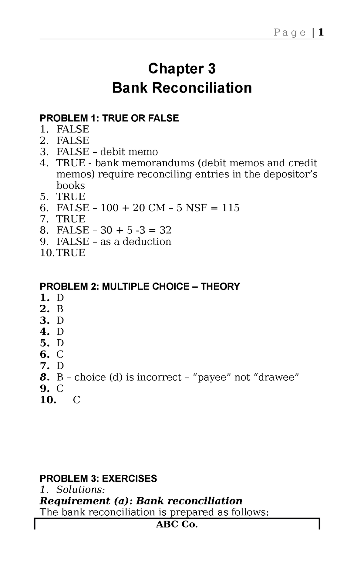 Bank Recon Millan - Chapter 3 Bank Reconciliation PROBLEM 1: TRUE OR ...