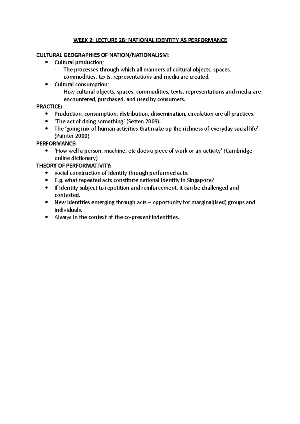 Lecture 2B- National identity as performance - WEEK 2: LECTURE 2B ...
