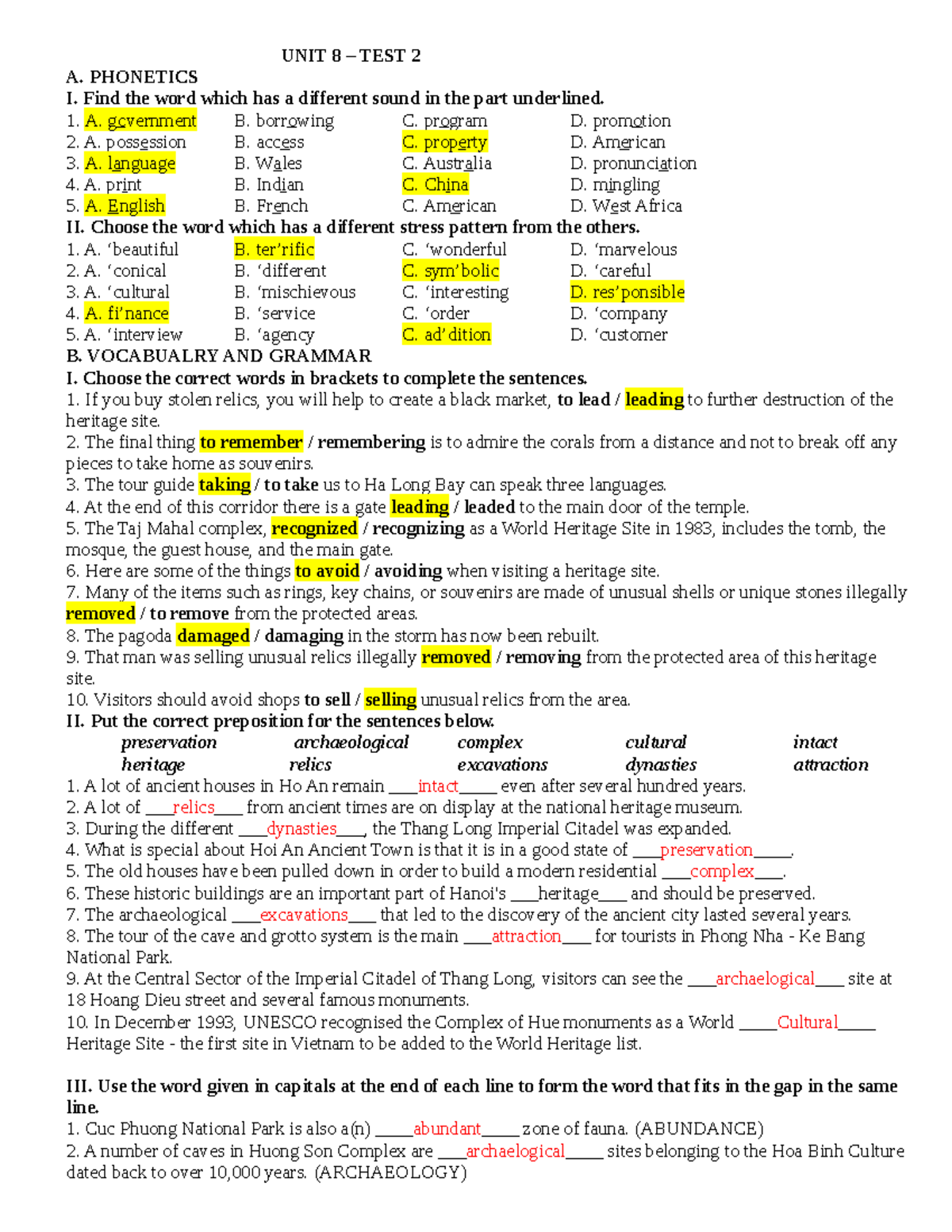 TEST English Note UNIT 8 TEST 2 A. I. Find the word which has a different sound