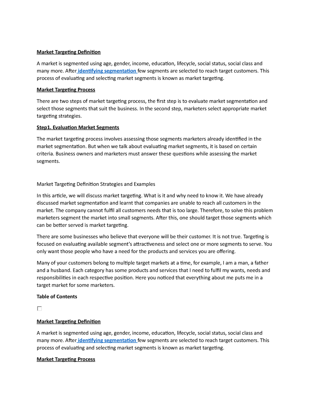 Market Targeting Definition - After identifying segmentation few ...