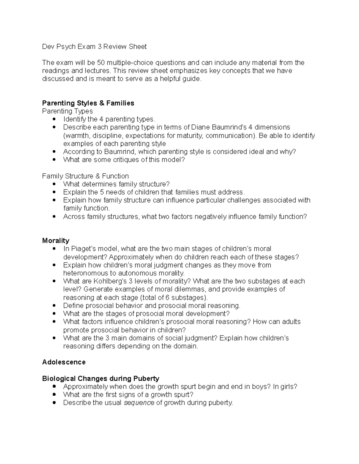 Exam 3 Review Sheet - Dev Psych Exam 3 Review Sheet The exam will be 50 ...