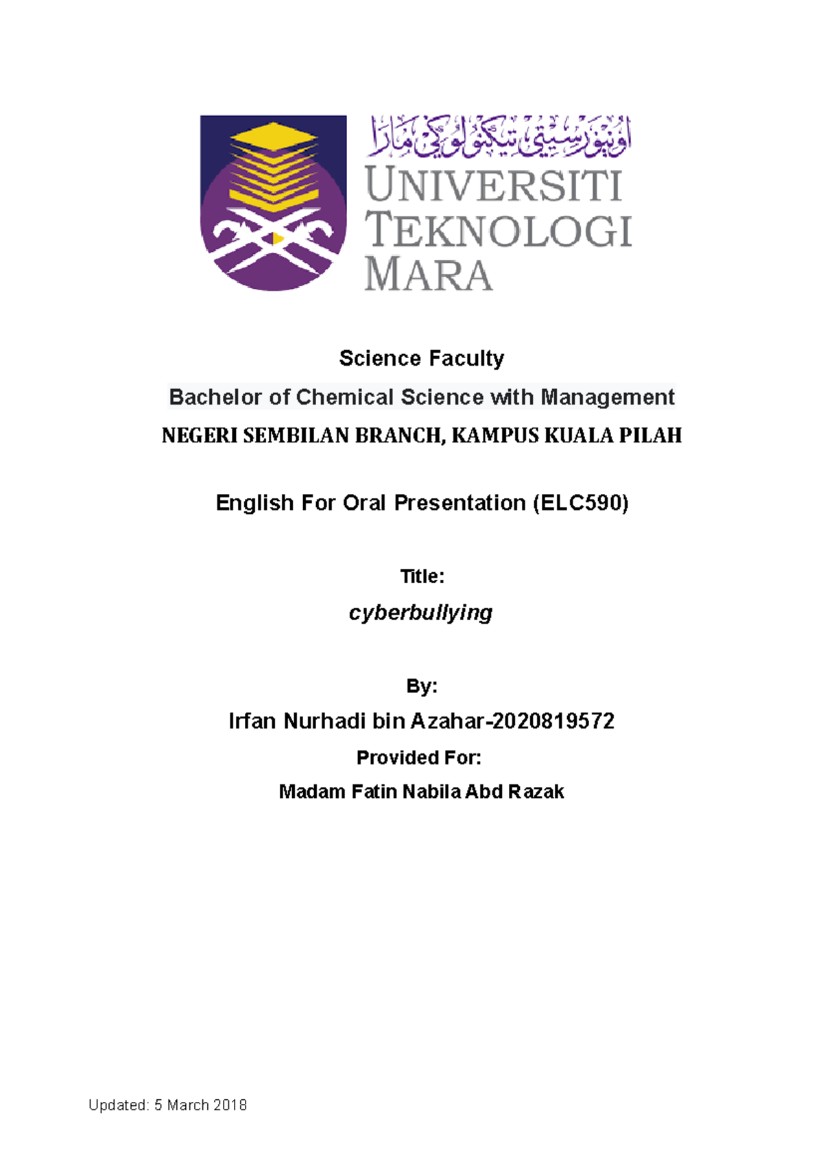 Elc590 information outline - Science Faculty Bachelor of Chemical ...