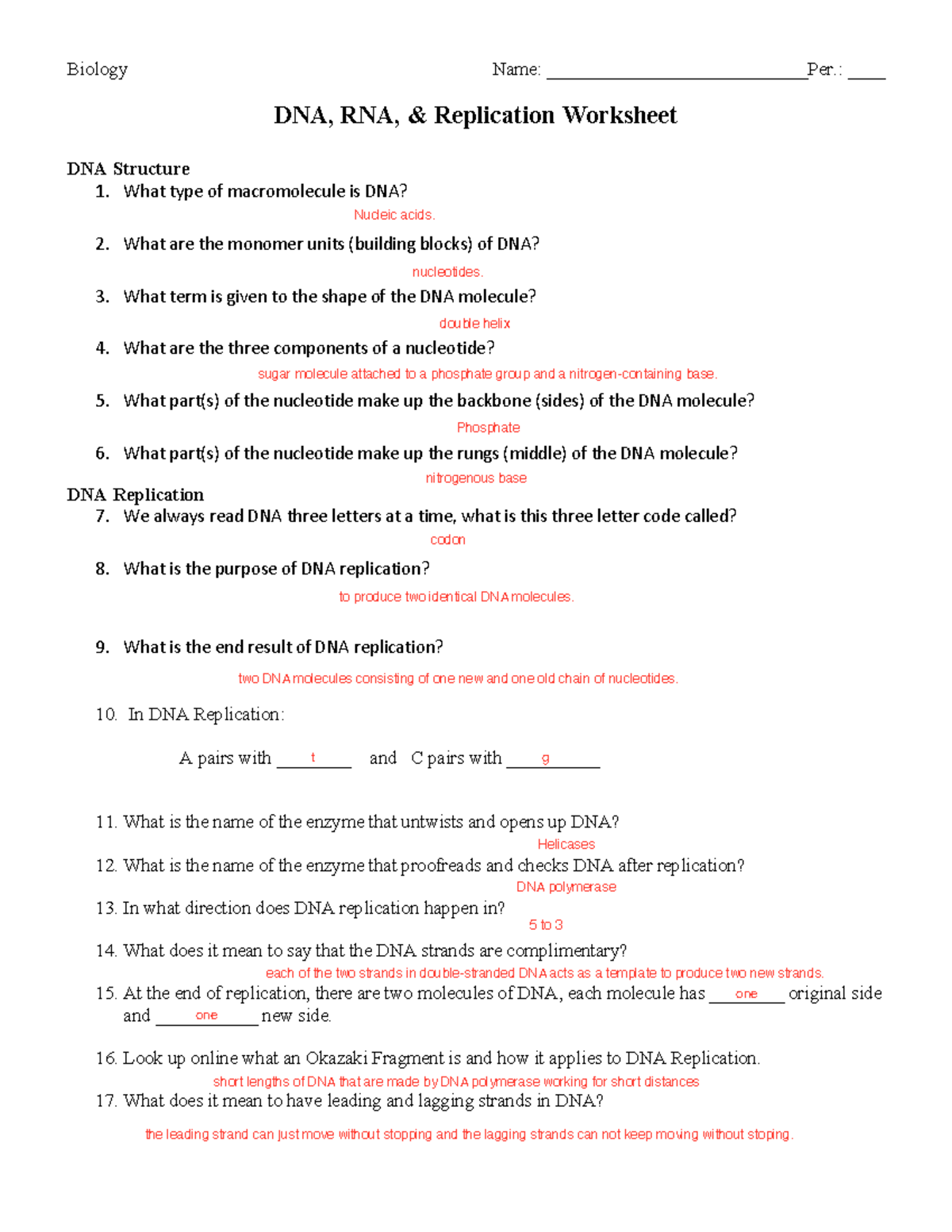 DNA Replication Practice Worksheet - Biology Name ...