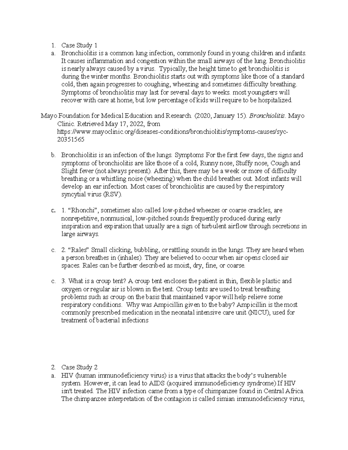 Basic Medical Terminology HIT111 Week 2 - Case Study 1 a. Bronchiolitis ...