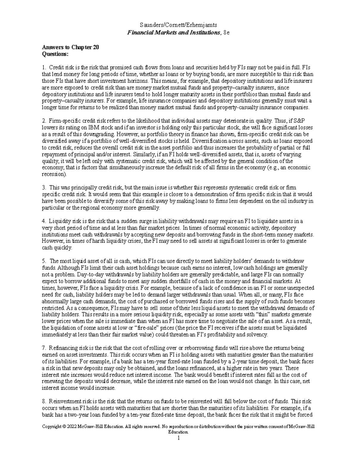 Saunders 8e Chap20 SM Textbook Answers Financial Markets and