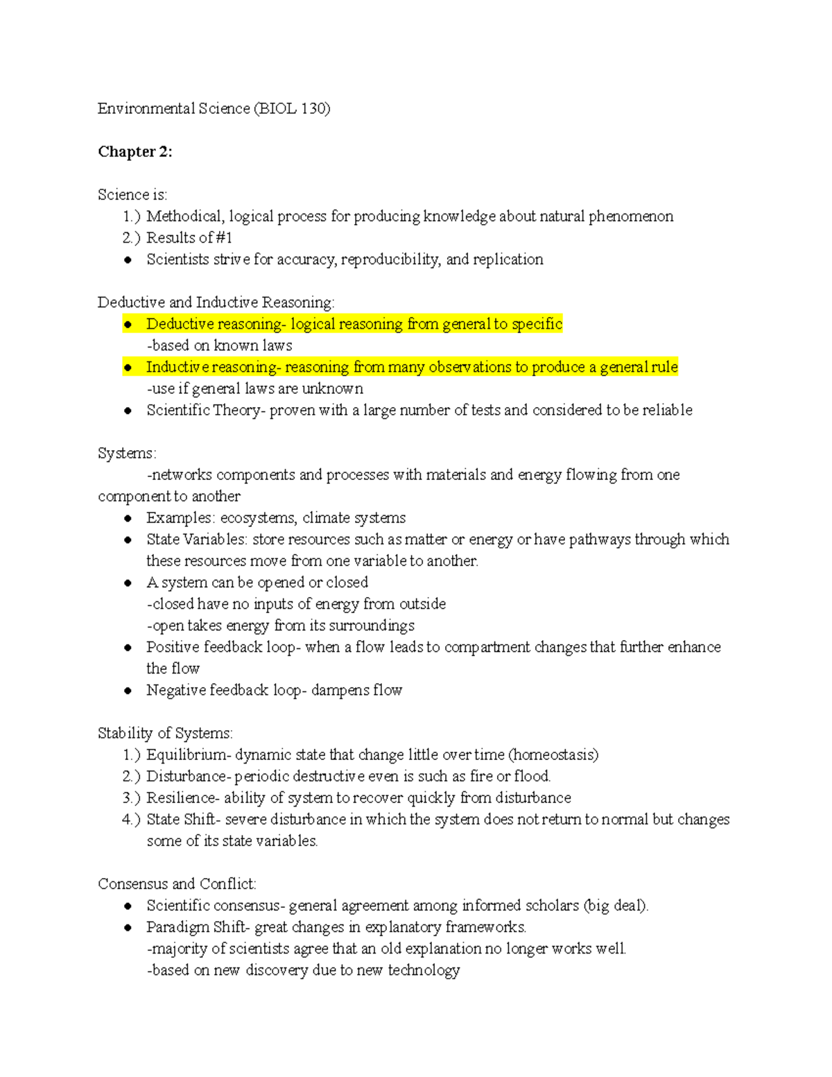 ES chapter 2 - Lecture notes 2 - Environmental Science (BIOL 130 ...