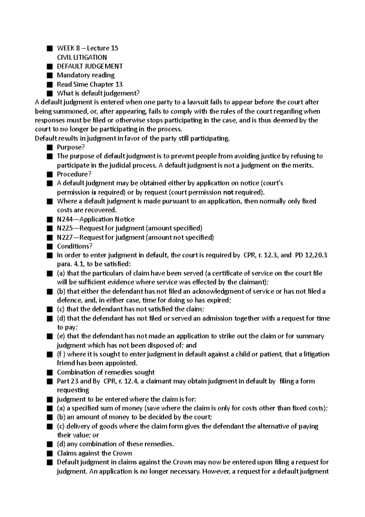 Lecture 3 - What is default judgement - WEEK 8 – Lecture 15 CIVIL ...