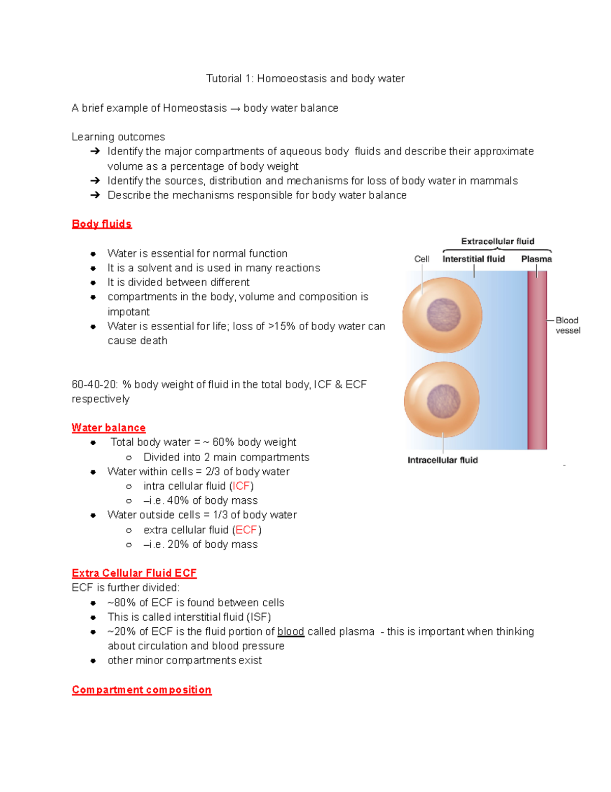 AVBS2007 Tutorial 1 notes - Tutorial 1: Homoeostasis and body water A ...