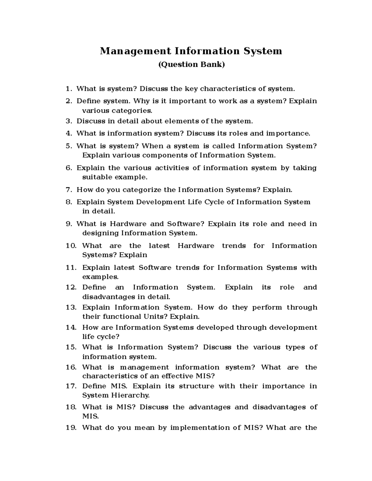 MIS Question Bank on MIS Management Information System (Question