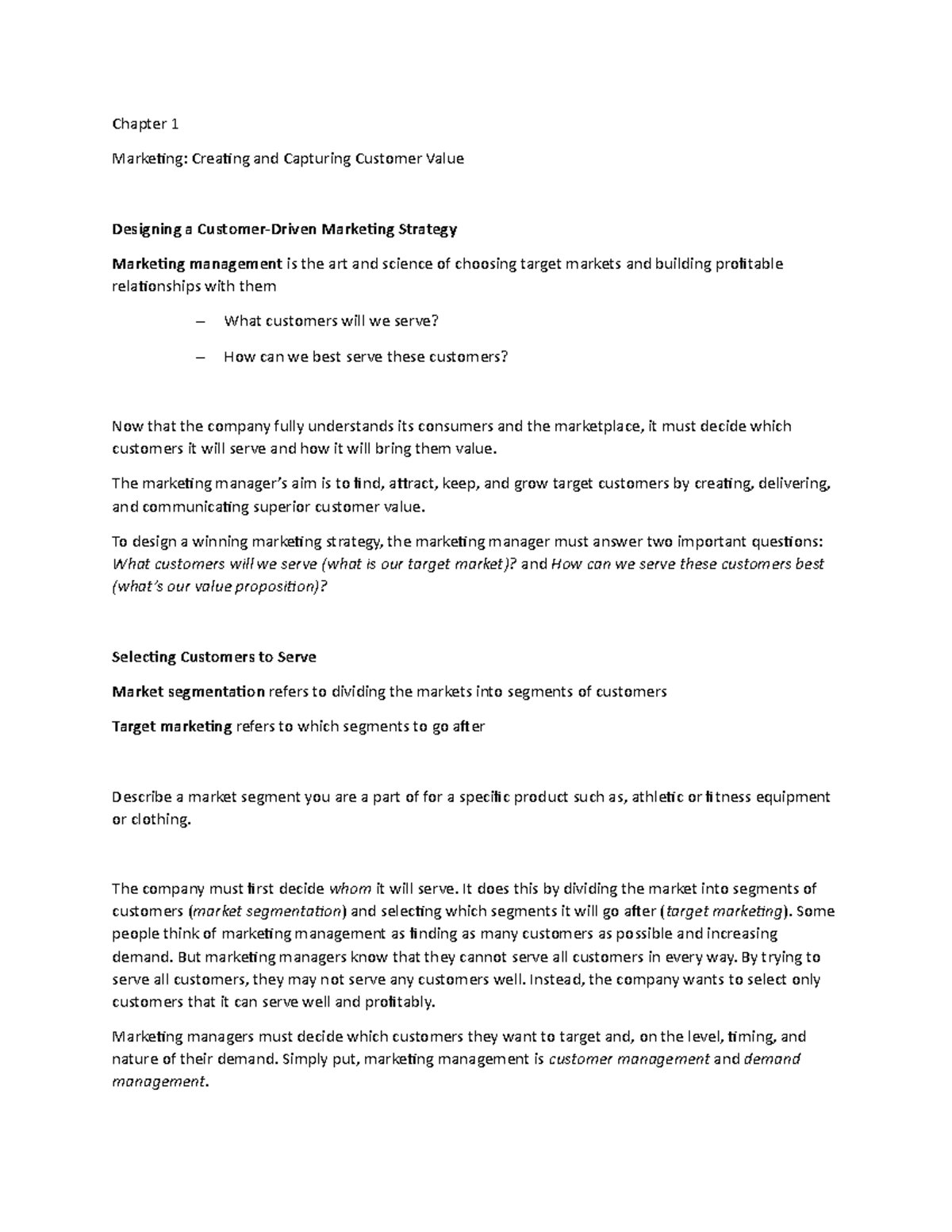 Chapter 1c - Lecture notes 1 - Chapter 1 Marketing: Creating and ...