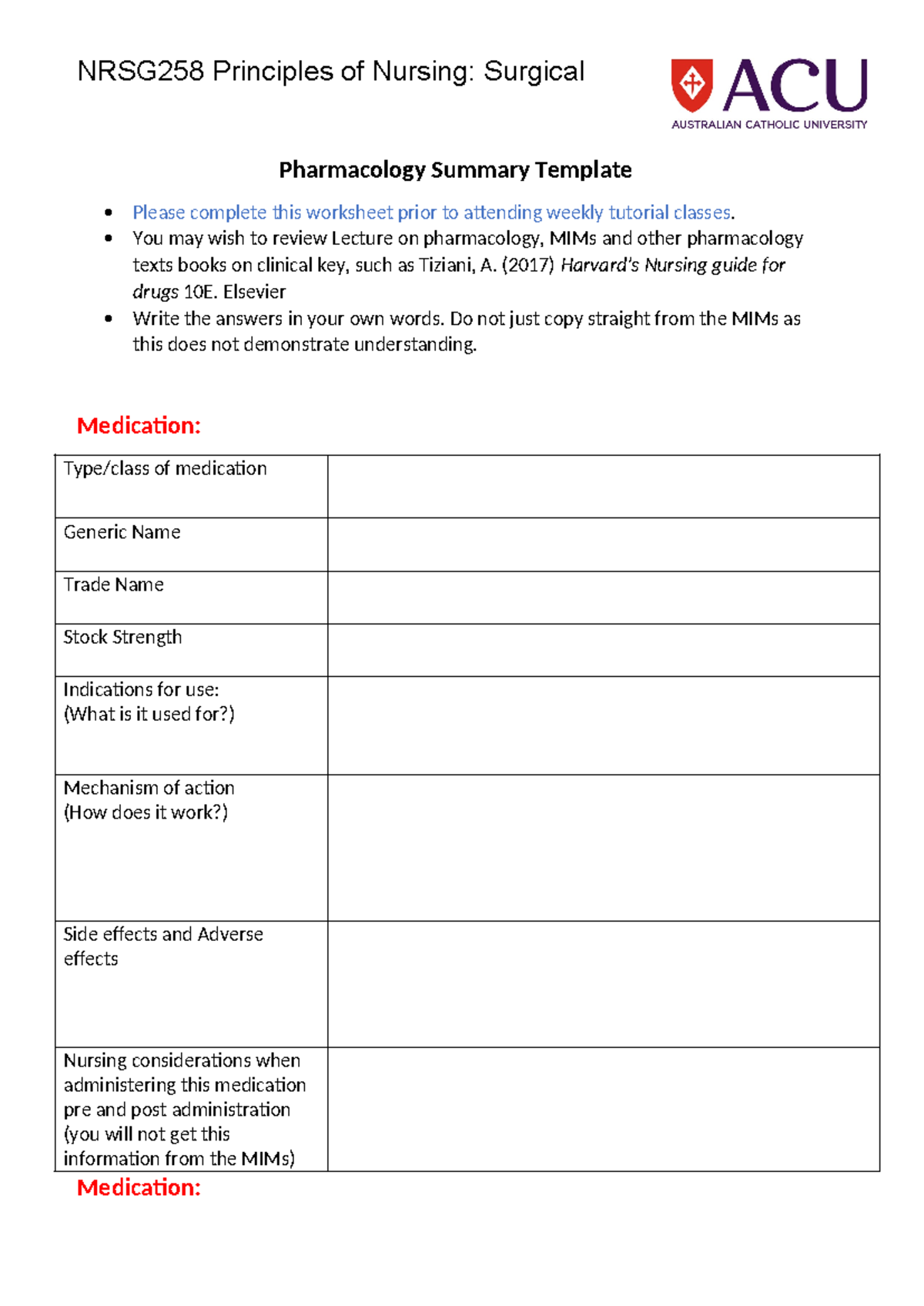 Pharmacology Summary Template - You may wish to review Lecture on ...