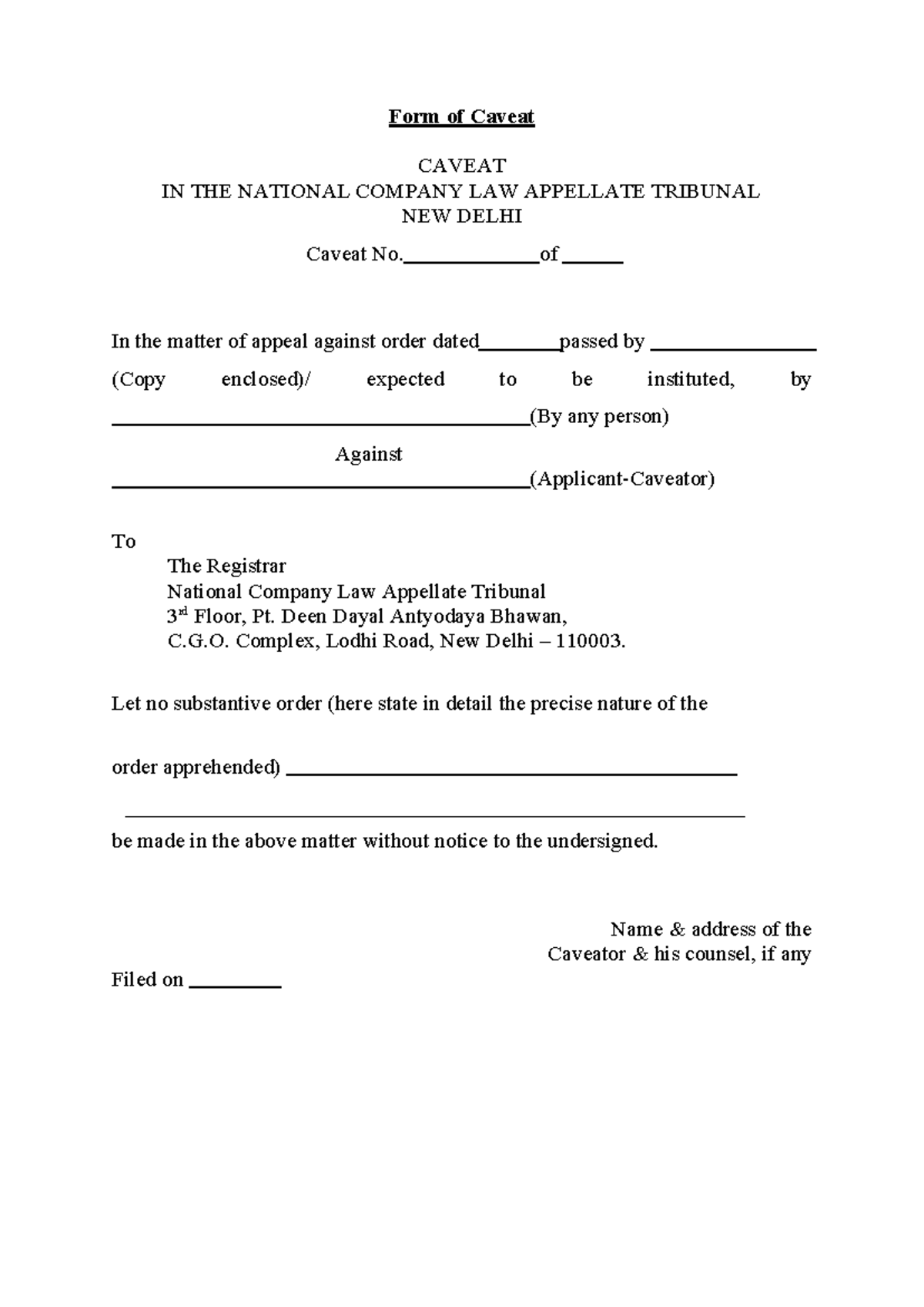 Caveat form 08 - Form of Caveat CAVEAT IN THE NATIONAL COMPANY LAW ...