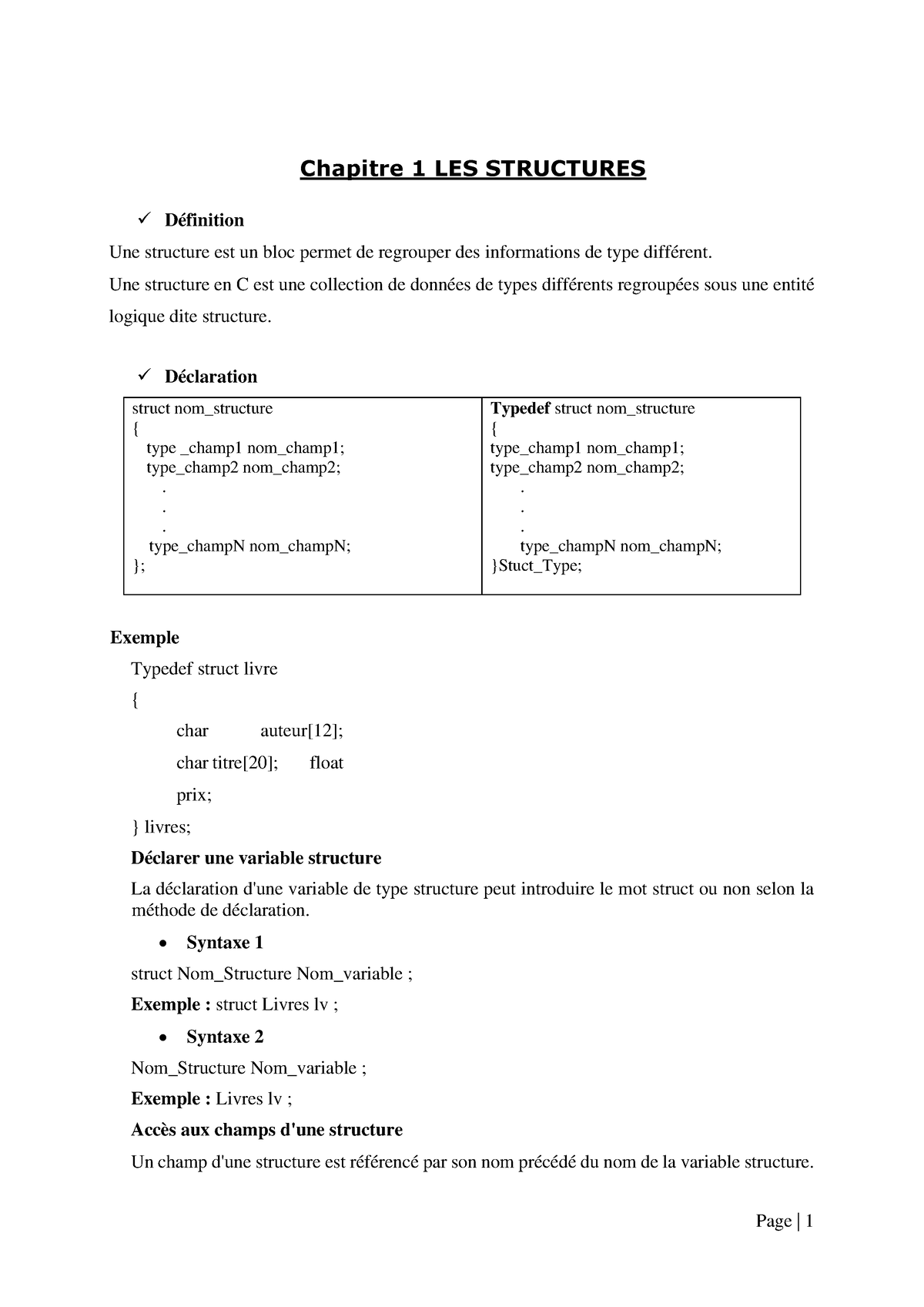 Structure De Donnes - Partie I - Page | 1 Chapitre 1 LES STRUCTURES ...