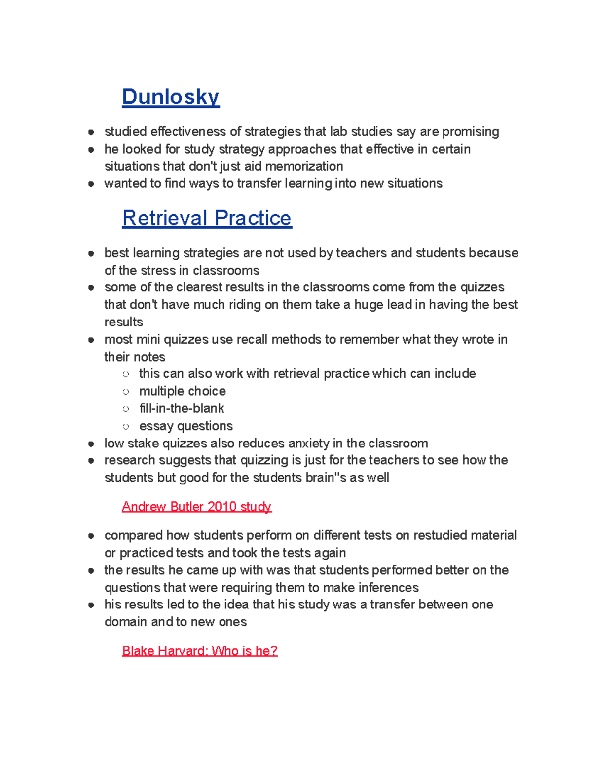 Csc work for class - Dunlosky studied effectiveness of strategies that ...