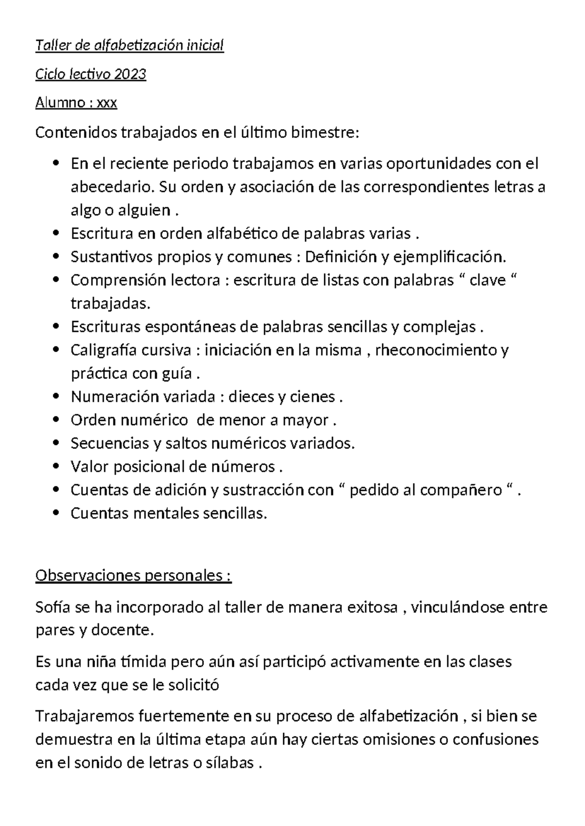 Informe Taller de Alfabetización Inicial - Taller de alfabetización ...