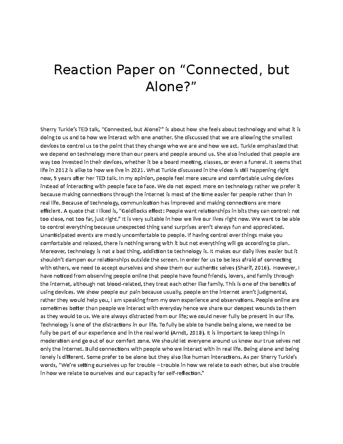 PURC - Reaction Paper - Reaction Paper On “Connected, But Alone ...