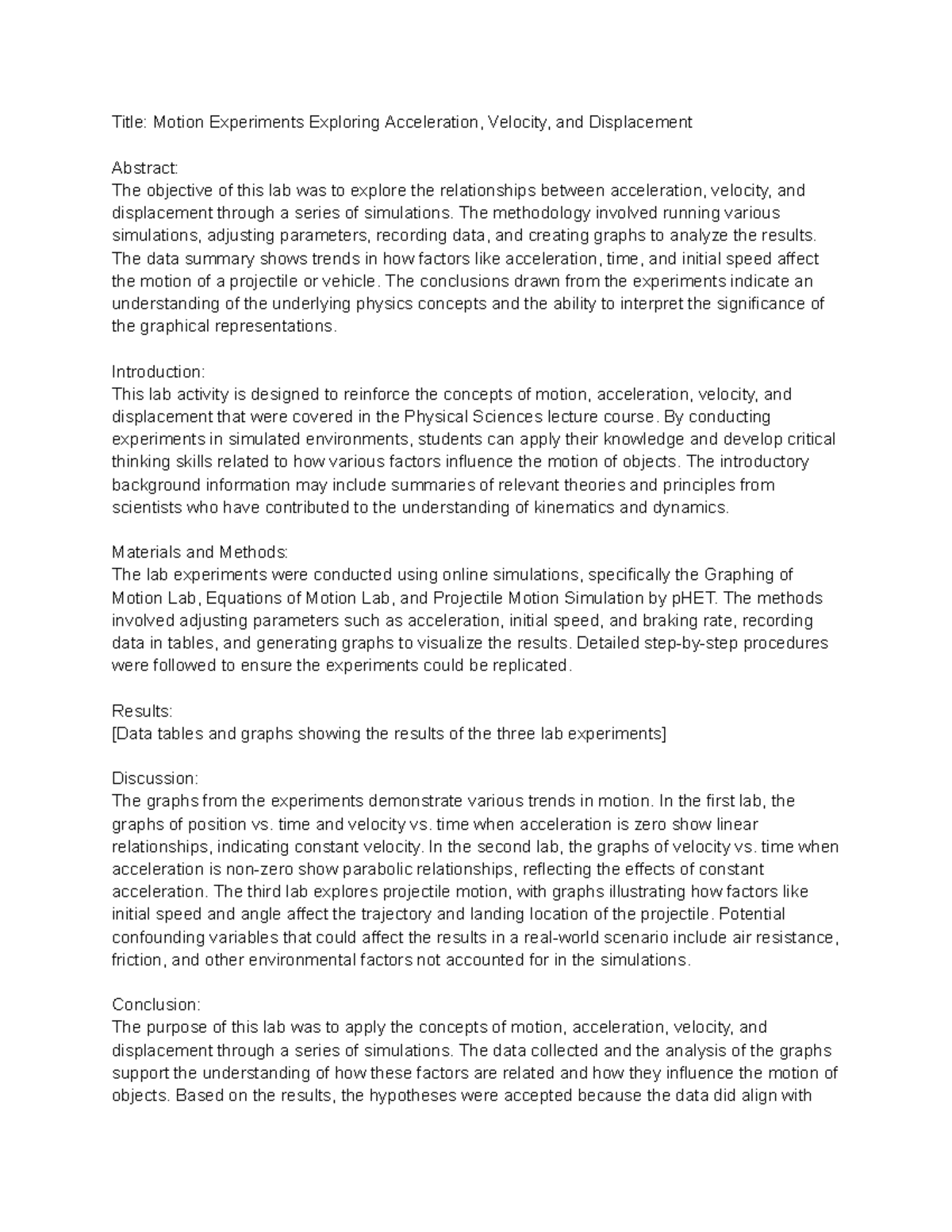 123 - good - Title: Motion Experiments Exploring Acceleration, Velocity ...