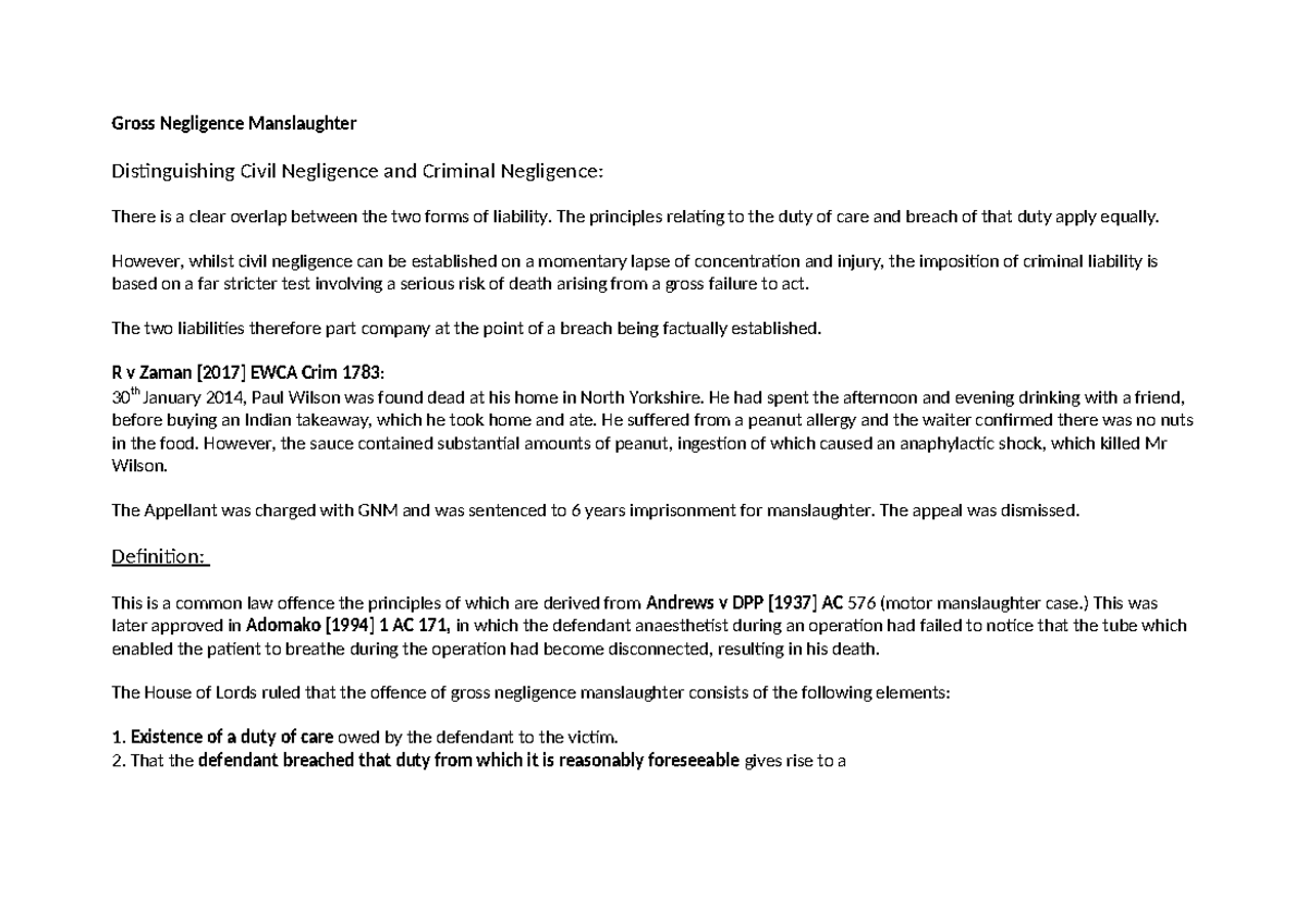 Gross Negligence Manslaughter - Gross Negligence Manslaughter ...
