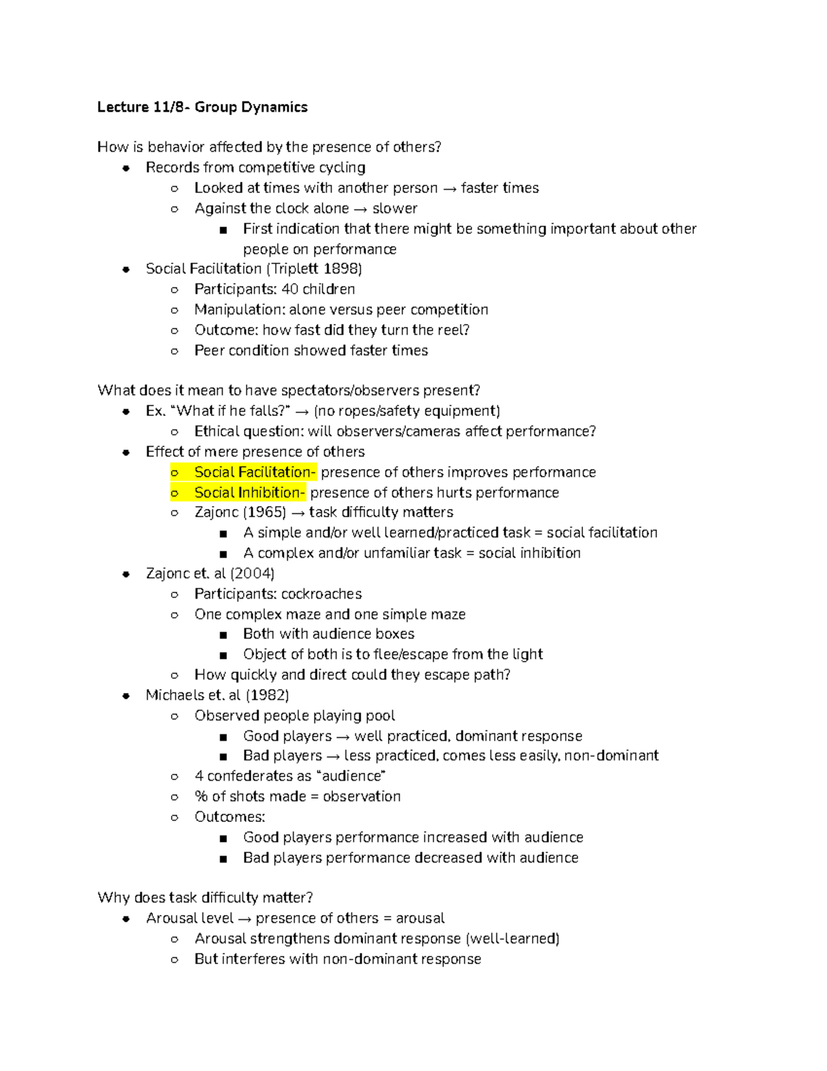 Social Psych Exam 3 - Lecture notes 9-18 - Lecture 11/8- Group Dynamics ...