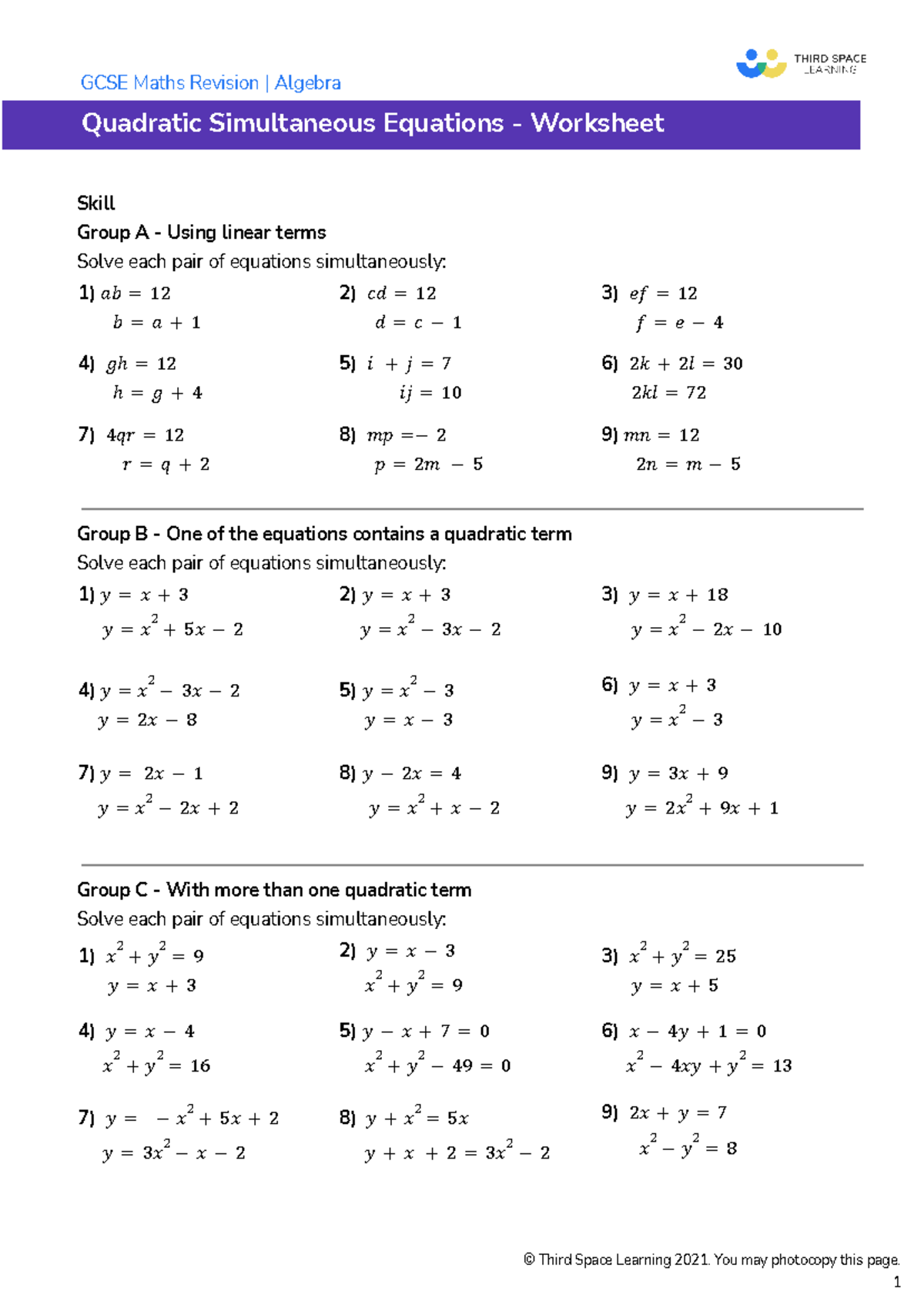 Third Space Learning Quadratic Simultaneous Equations GCSE Worksheet 1 ...