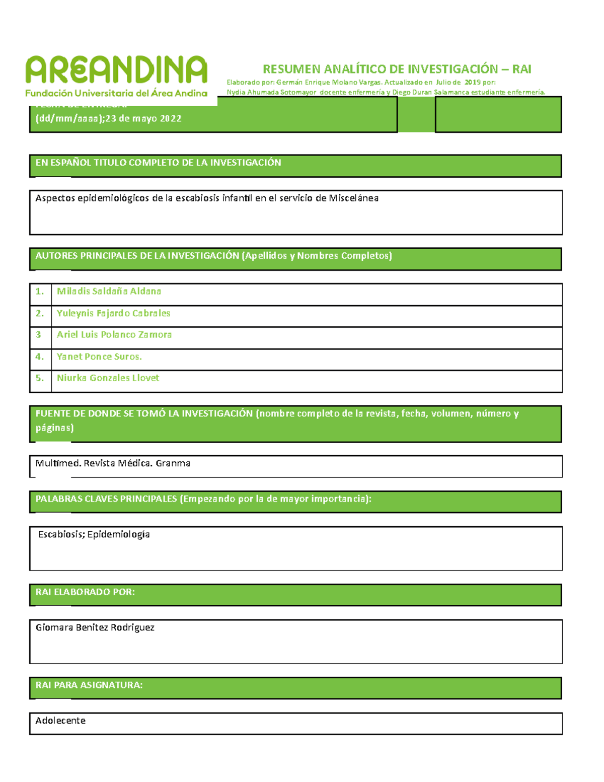 Formato RAE Enfermerdad de Escabiosis - RESUMEN ANALÍTICO DE ...