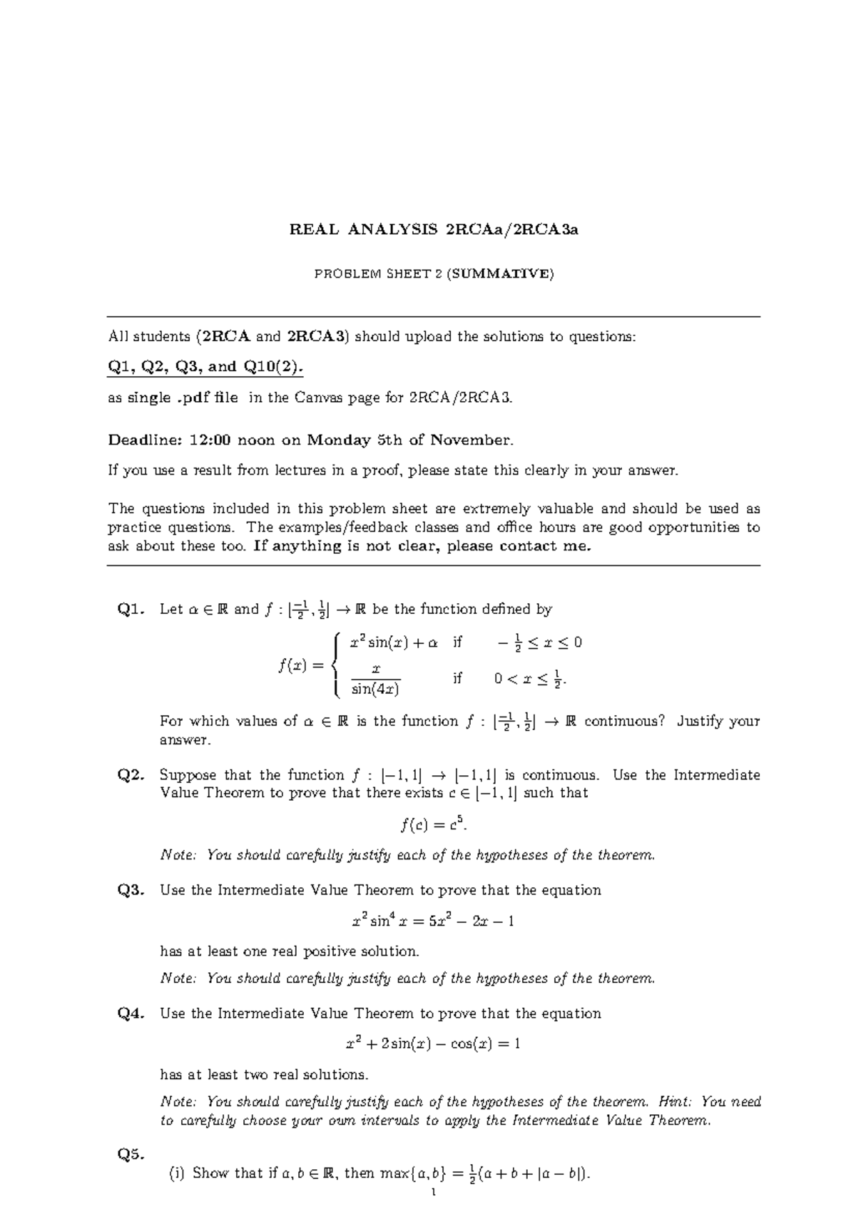 Problem Sheet 2 - REAL ANALYSIS 2RCAa/2RCA3a PROBLEM SHEET 2 (SUMMATIVE ...