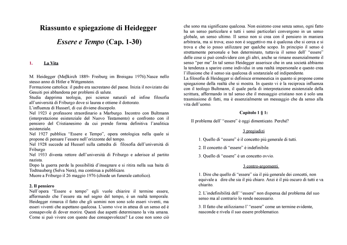 Essere e Tempo dispensa - Riassunto e spiegazione di Heidegger Essere e  Tempo (Cap. 1-30) La Vita M. - Studocu