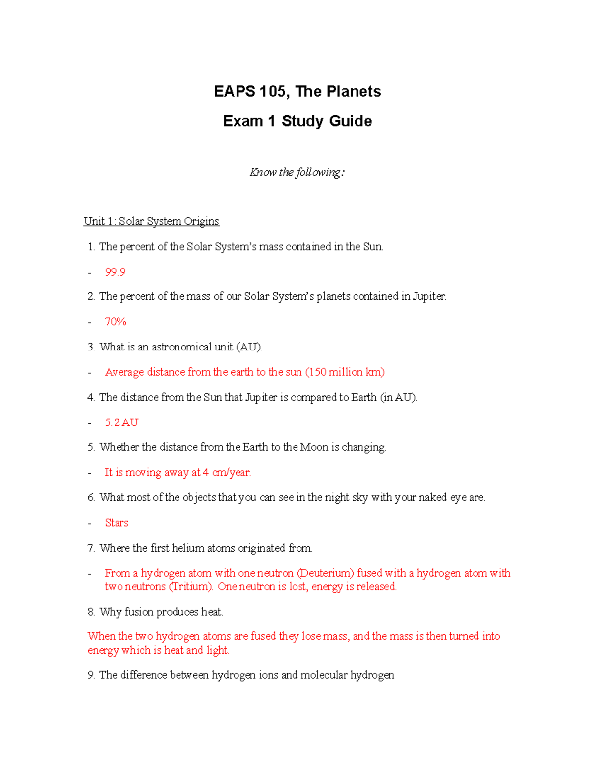 Unit 1 Study Guide - EAPS 105, The Planets Exam 1 Study Guide Know The ...