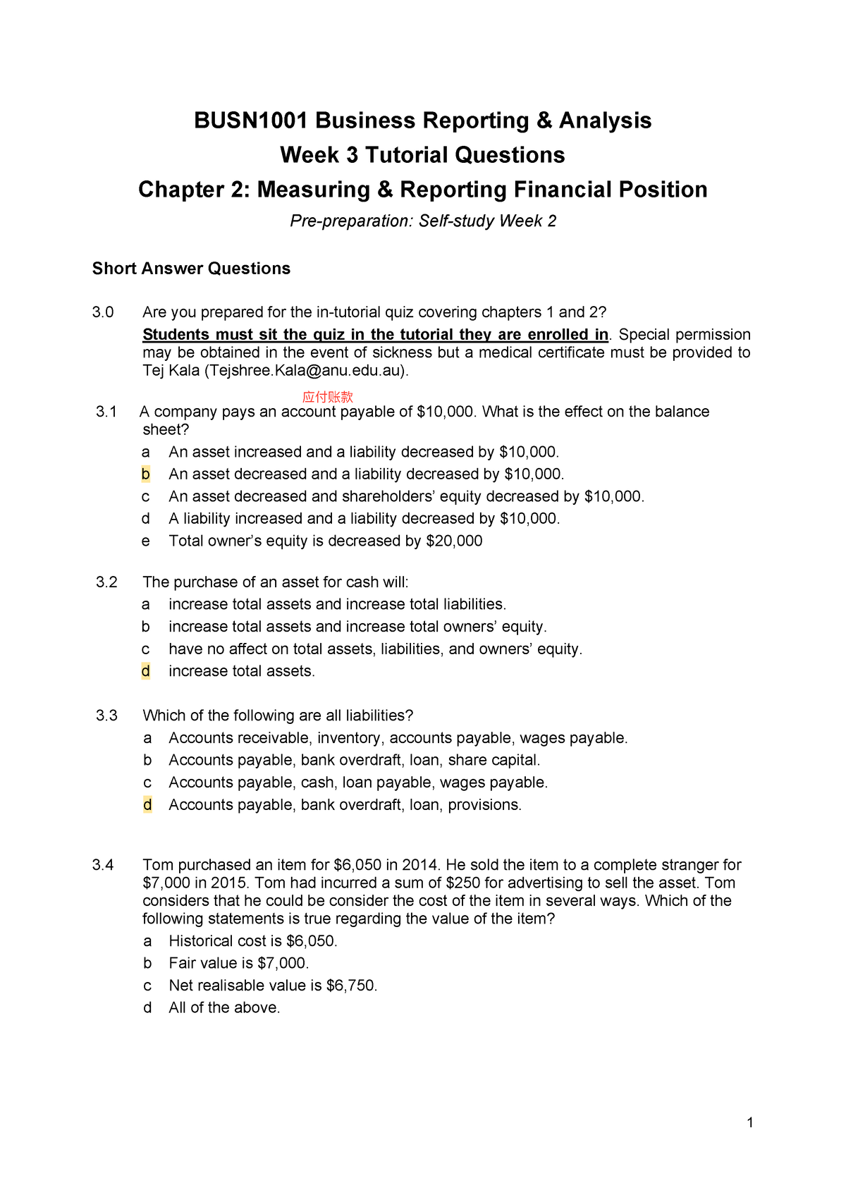 Week 3 Tutorial Questions - Business Reporting And Analysis - 1 ...