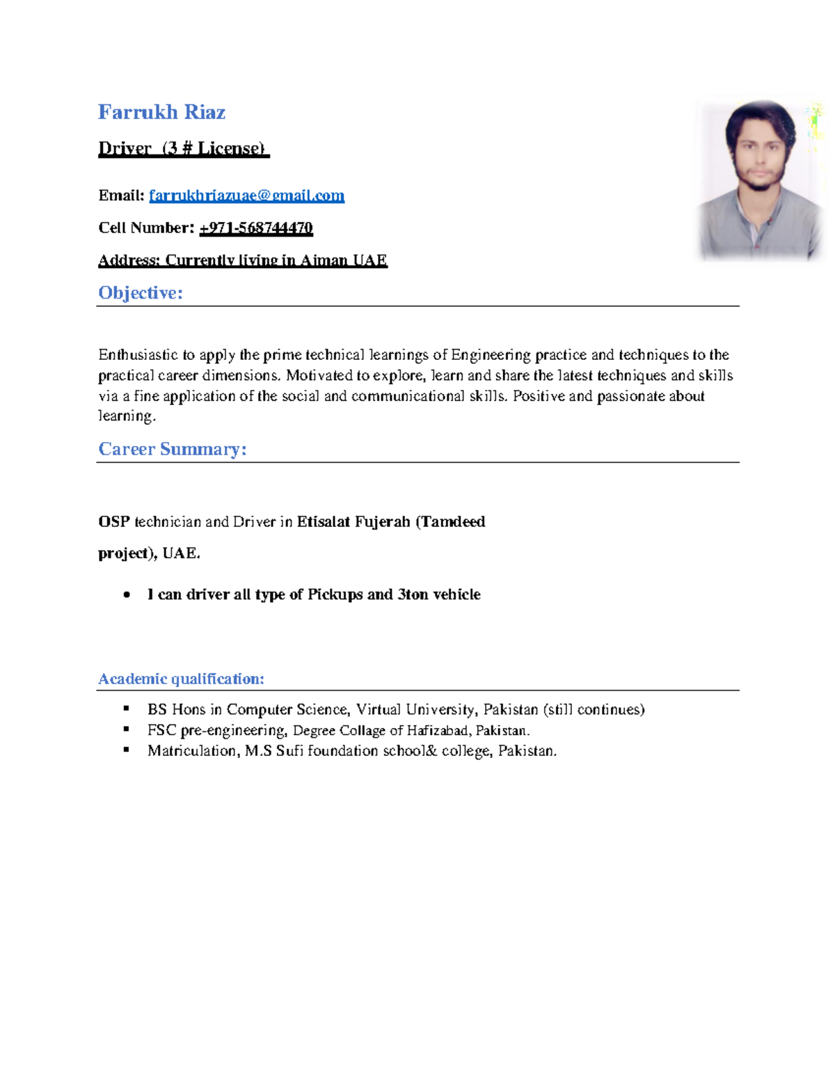 Farrukh resume - Farrukh Riaz Driver (3 # License) Email ...