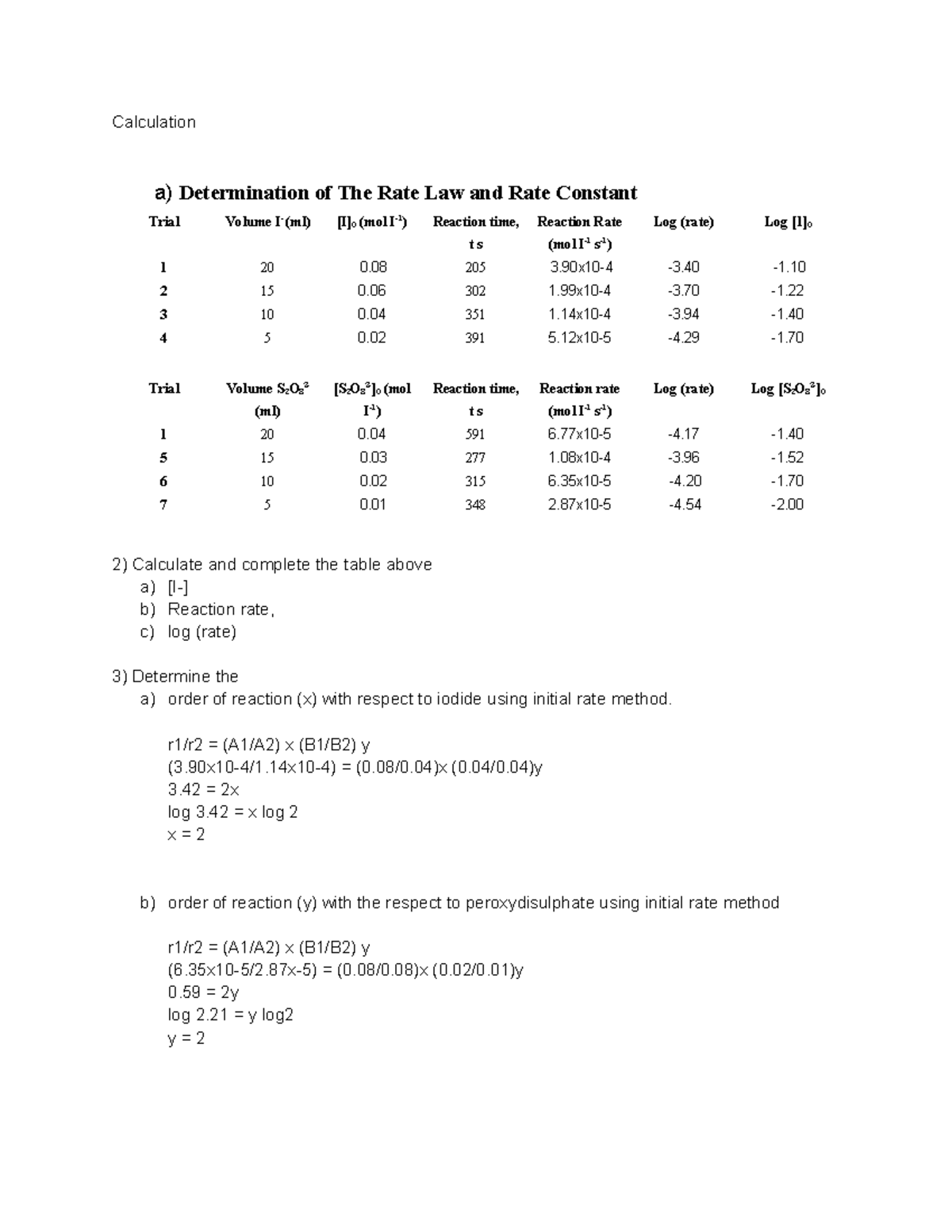 Chm213 lab2 - _____^^- Calculation a) Determination of The Rate Law and ...