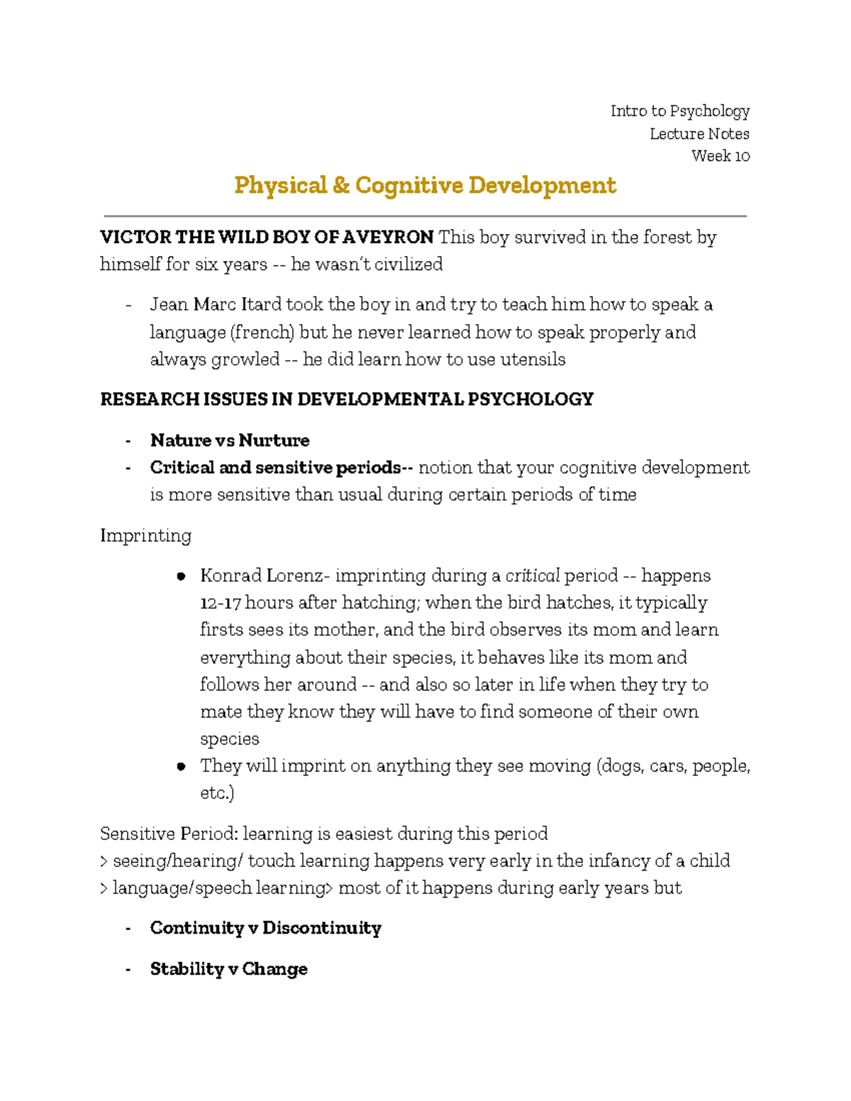 Psych 1 - Lecture Notes - Intro to Psychology Lecture Notes Week 10 ...