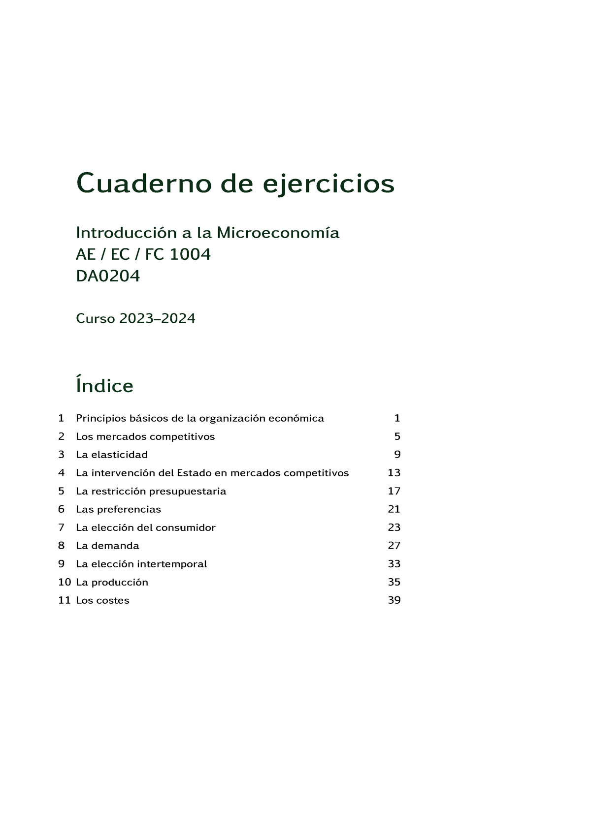 Ejercicios Microeconomia - Cuaderno De Ejercicios AE / EC / FC Introducción A La Microeconomía ...