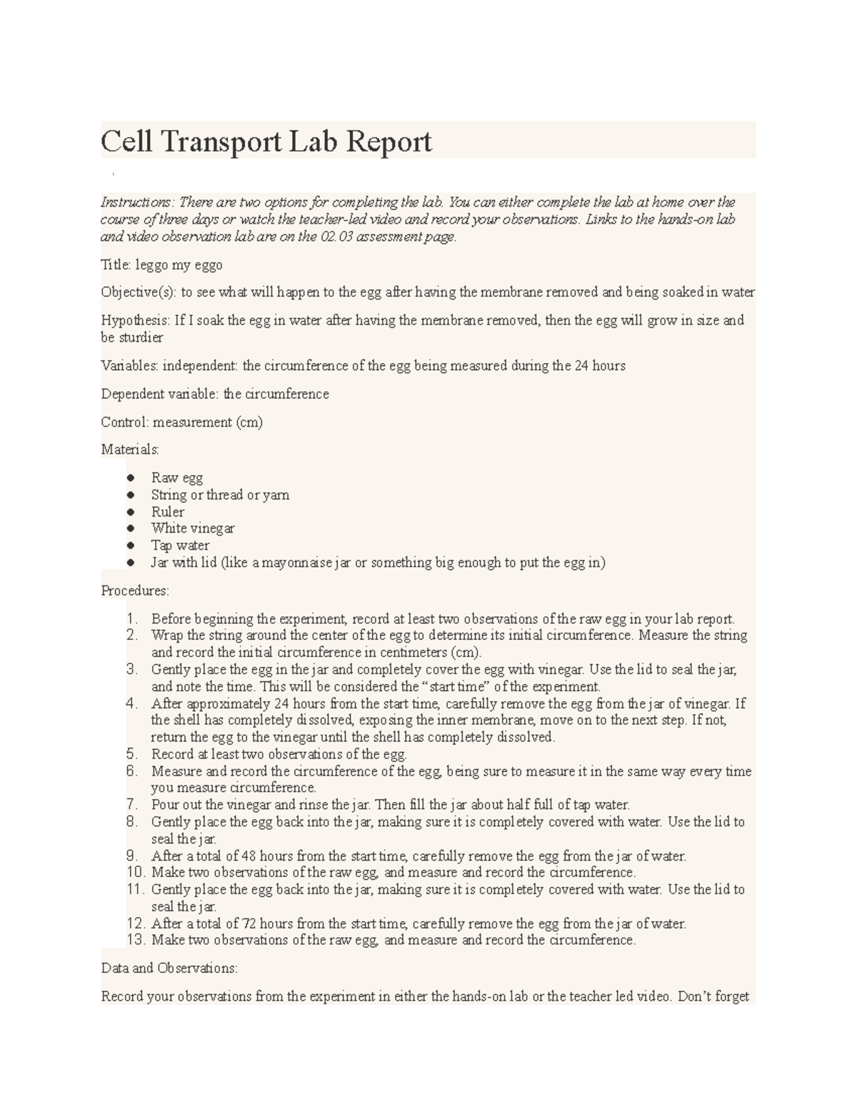 cell transport lab report egg hypothesis