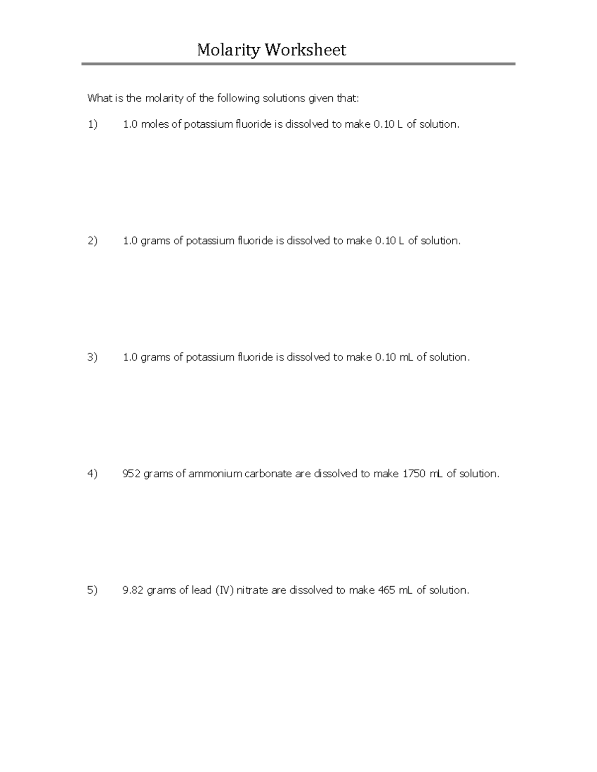 Molarity-worksheet - Answer Key - Molarity Worksheet W 331 Student Support  Services Program Everett - Studocu