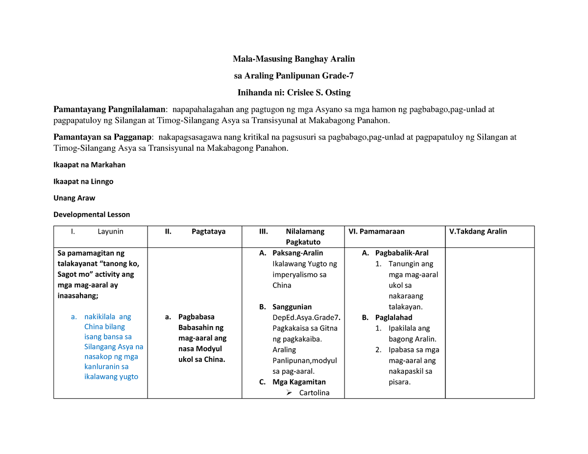 Lp-9 - Lesson Plan - Mala-Masusing Banghay Aralin Sa Araling Panlipunan ...