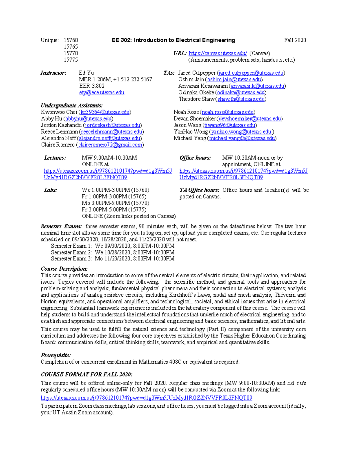 EE 302 syllabus F20 - Unique: 15760 EE 302: Introduction to Electrical ...