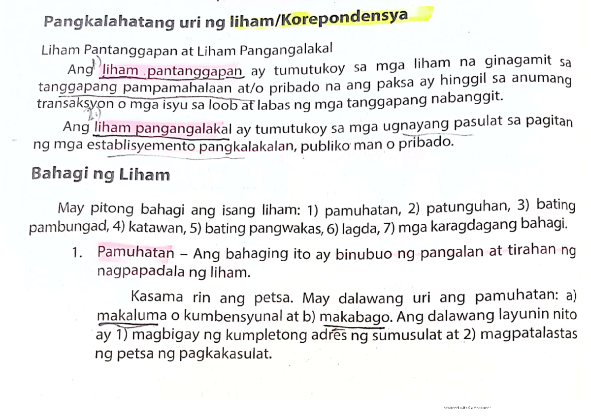 Bahagi NG Liham - Lecture Notes 1-13 - Wika, Kultura Sa Mapayapang ...