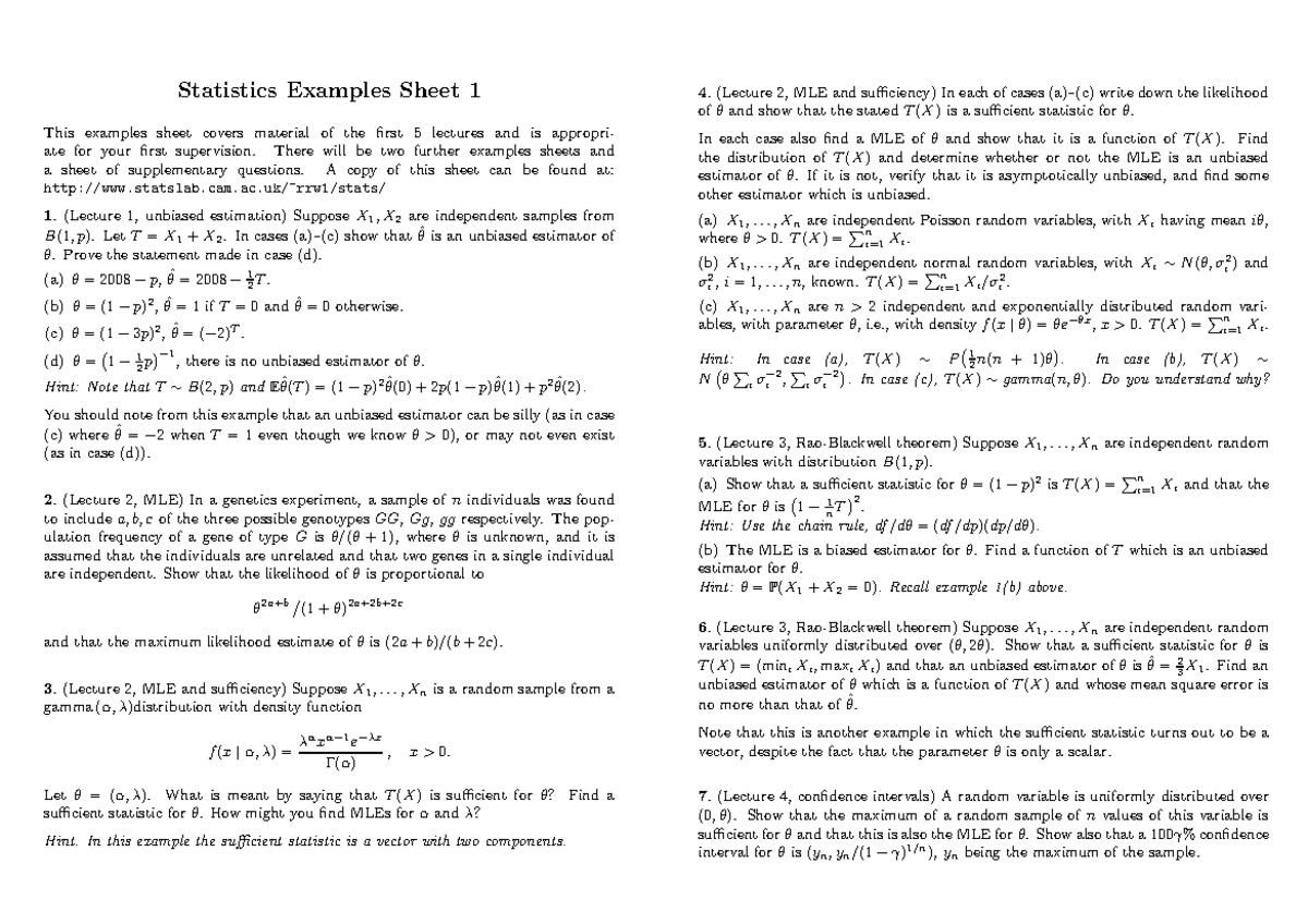Ex1nocom 2 - Example 1 No Com - Statistics Examples Sheet 1 This ...