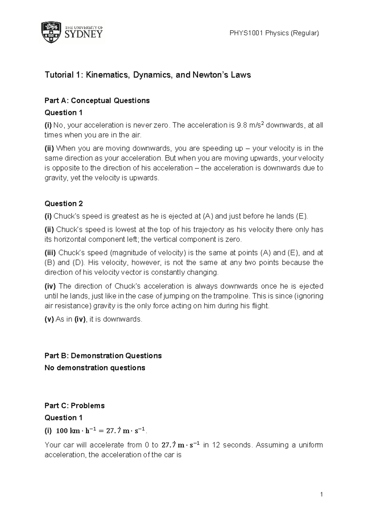 Phys1001 Tutorial 1 Solution - 1 PHYS1001 Physics (Regular) Tutorial 1 ...