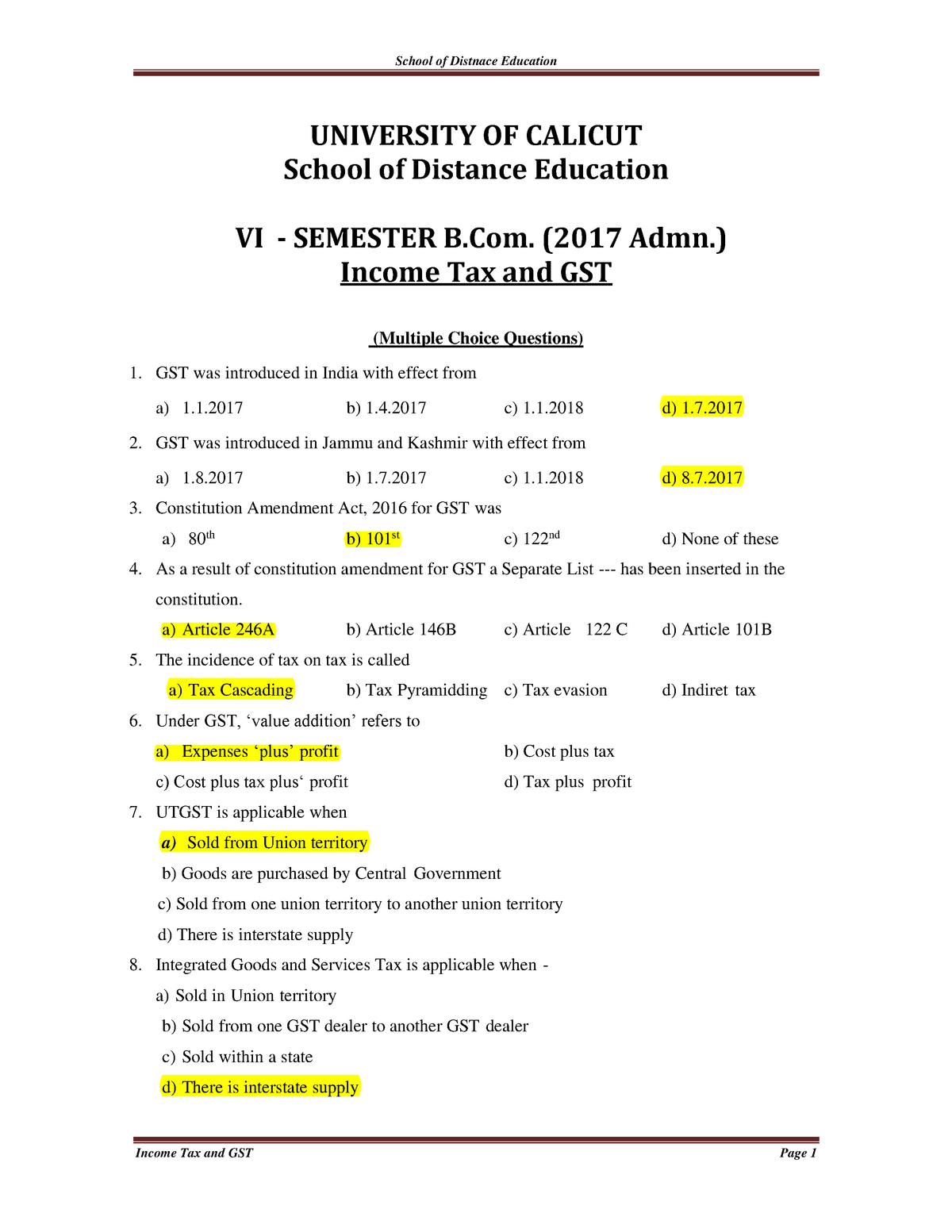 Study Material Bcom MCQ 6th Semester Income Tax And Gst Admissions 2017 ...