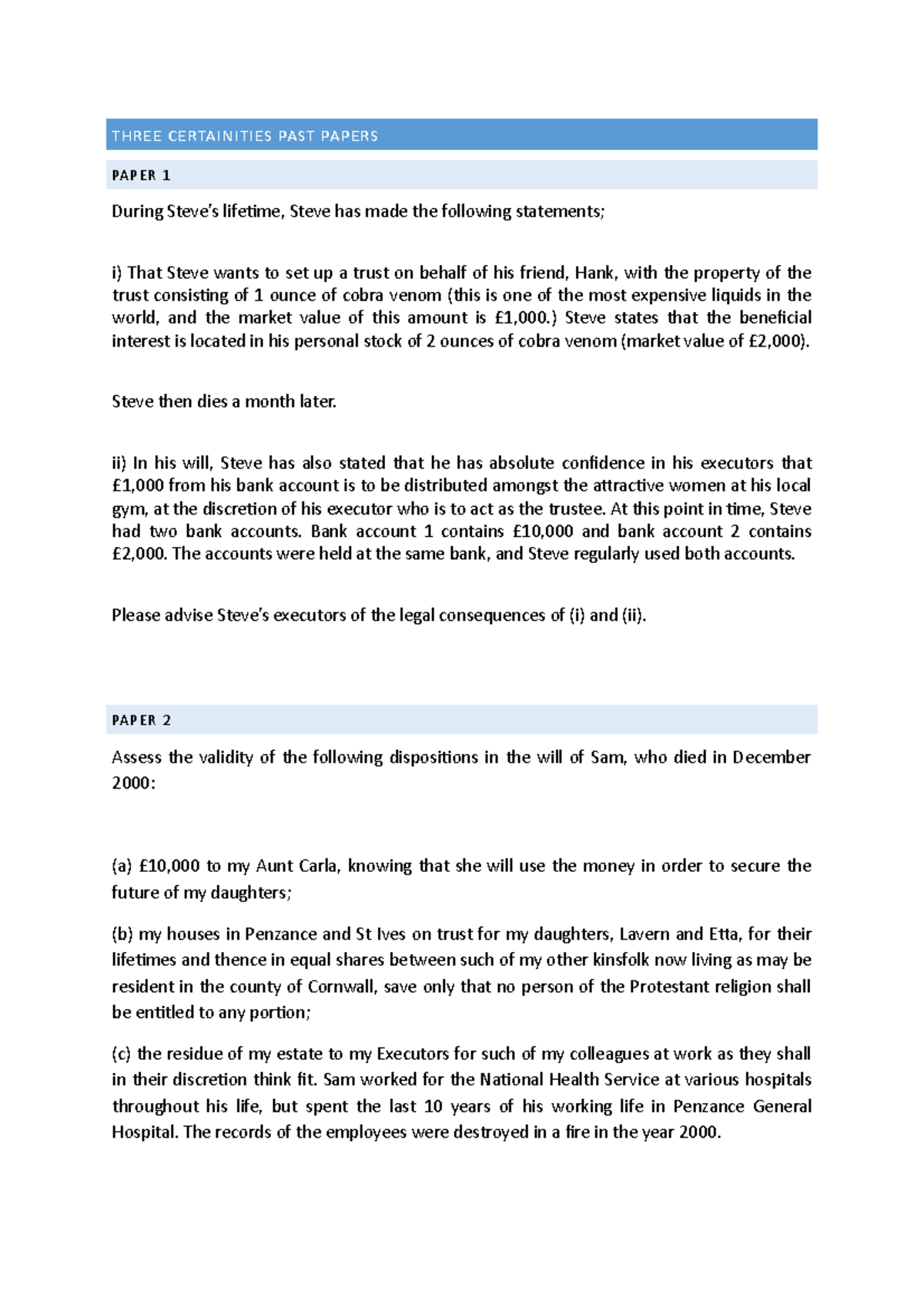 Three Certainities PAST Papers - THREE CERTAINITIES PAST PAPERS PAPER 1 ...