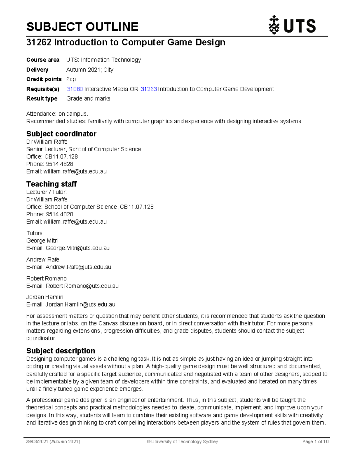 31262 Introduction to Computer Game Design 2021 Subject Outline ...