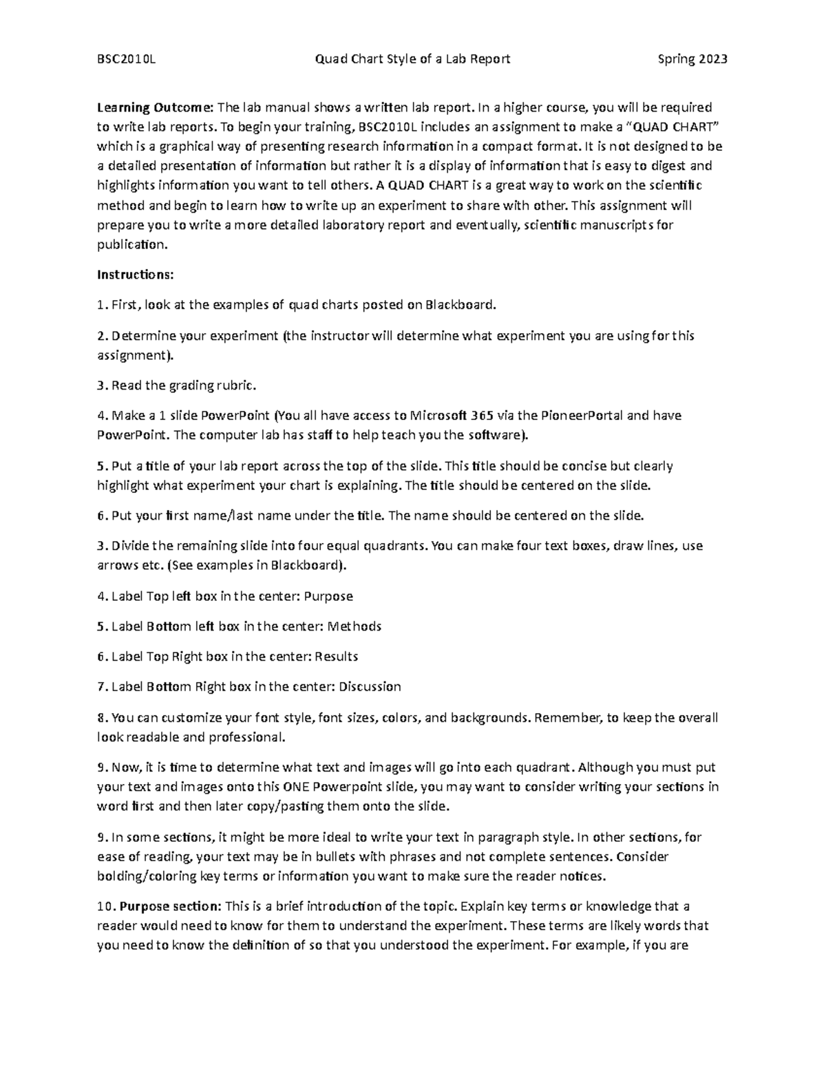 Bsc2010 L Quad Chart Lab Report Instructions - Bsc2010l Quad Chart 