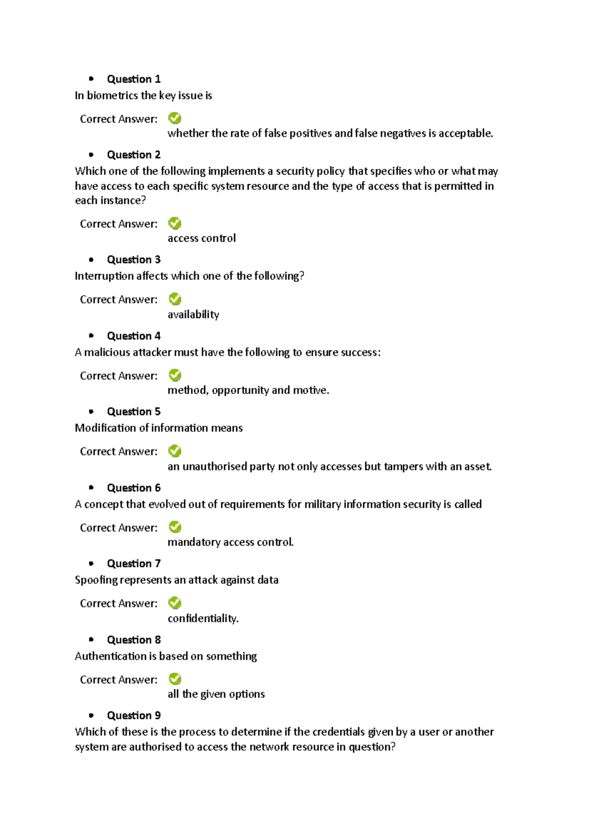 Quiz 1 Information Security - Question 1 In Biometrics The Key Issue Is ...