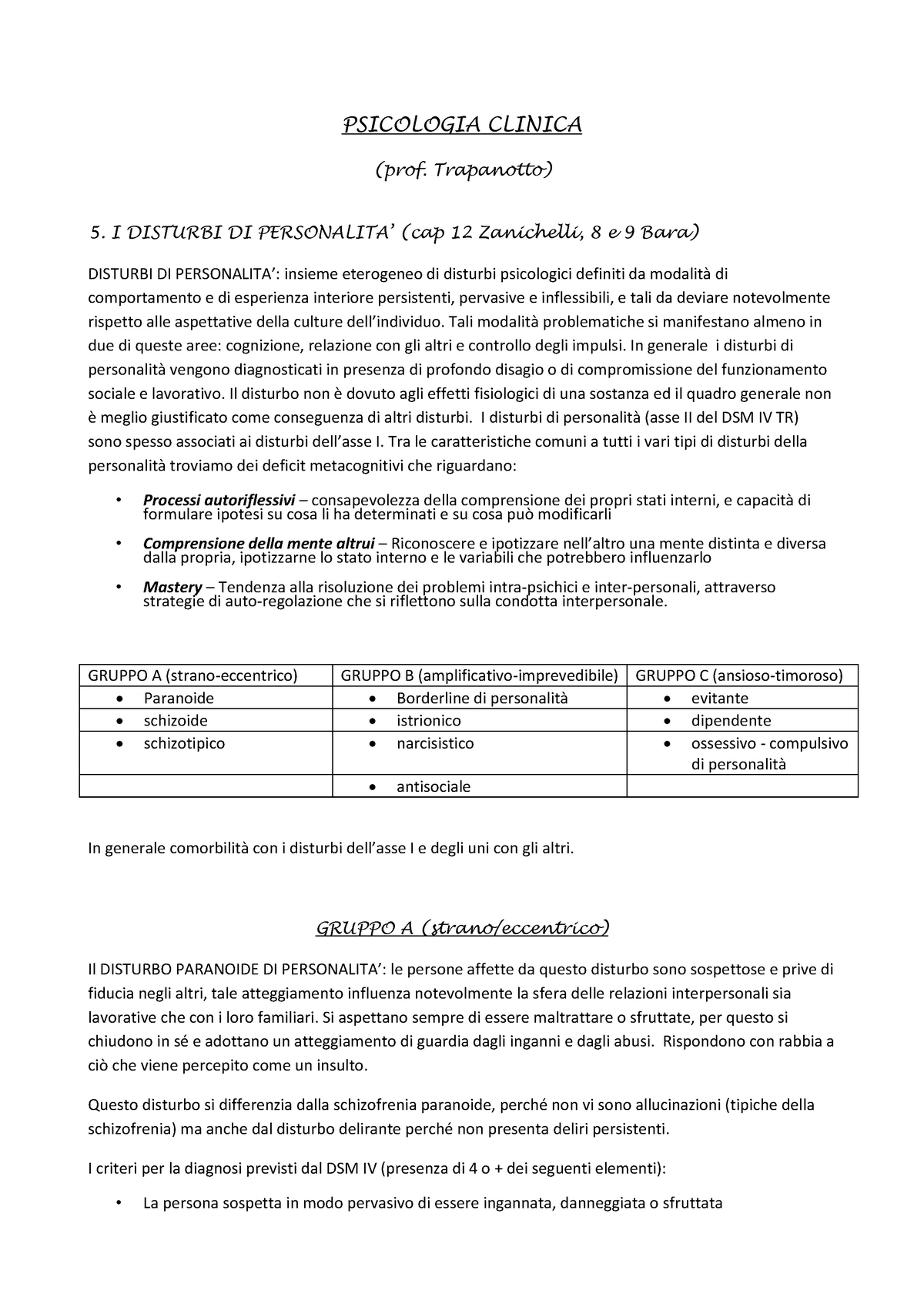 Appunti, Disturbi Di Personalità - Psicologia Clinica - A.a. 2011/2012 ...