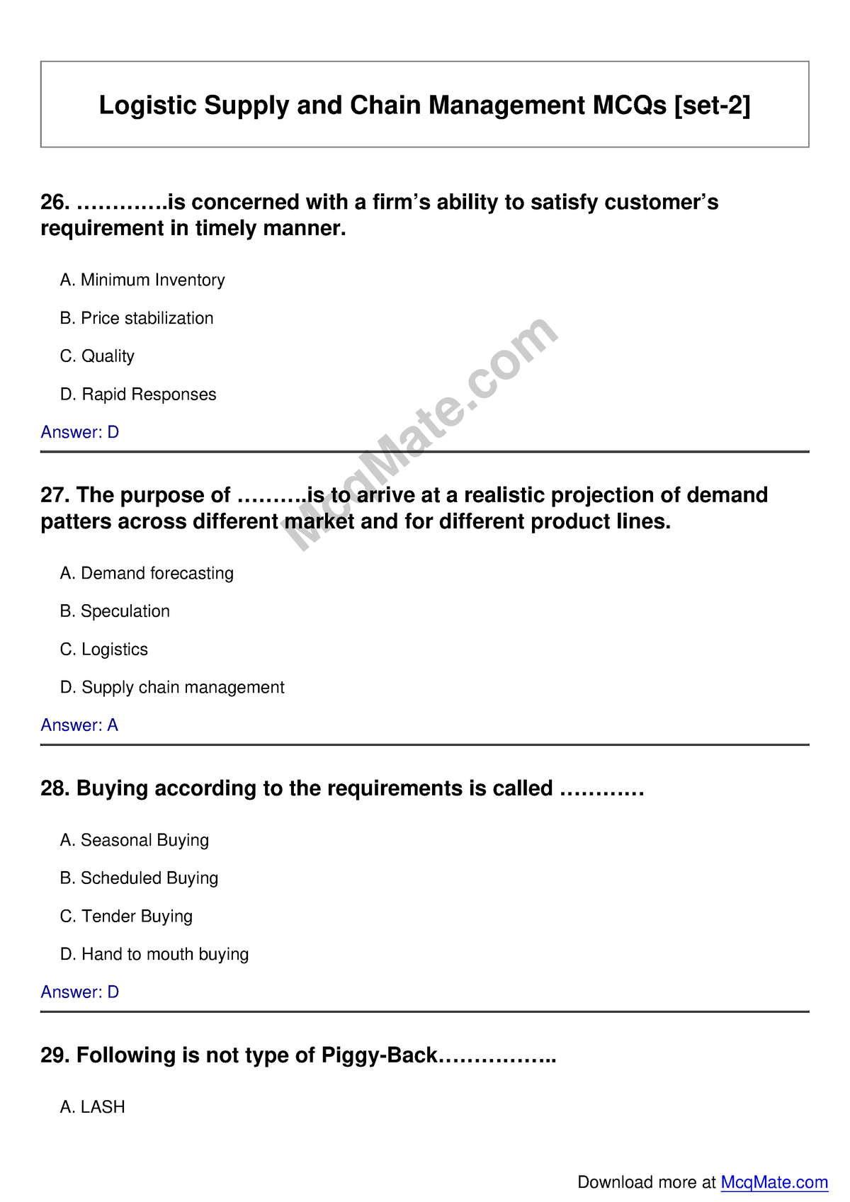 Logistic Supply And Chain Management Solved MCQs Set Mcq Mate Logistic Supply And Chain