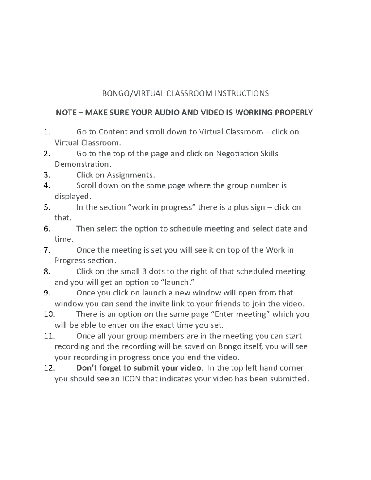 Bongo Virtual Classroom Instructions BONGO/VIRTUAL CLASSROOM