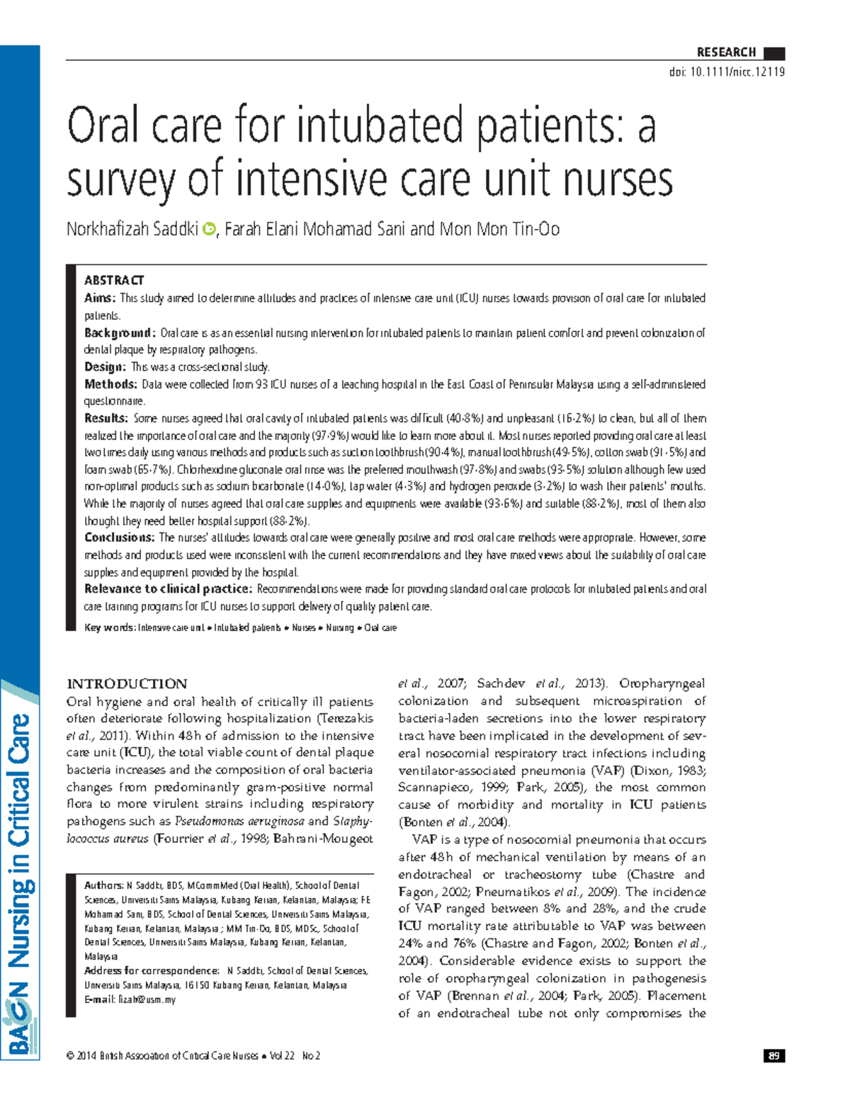 Week 4 Qualitative Article RESEARCH doi 10/nicc. Oral care for